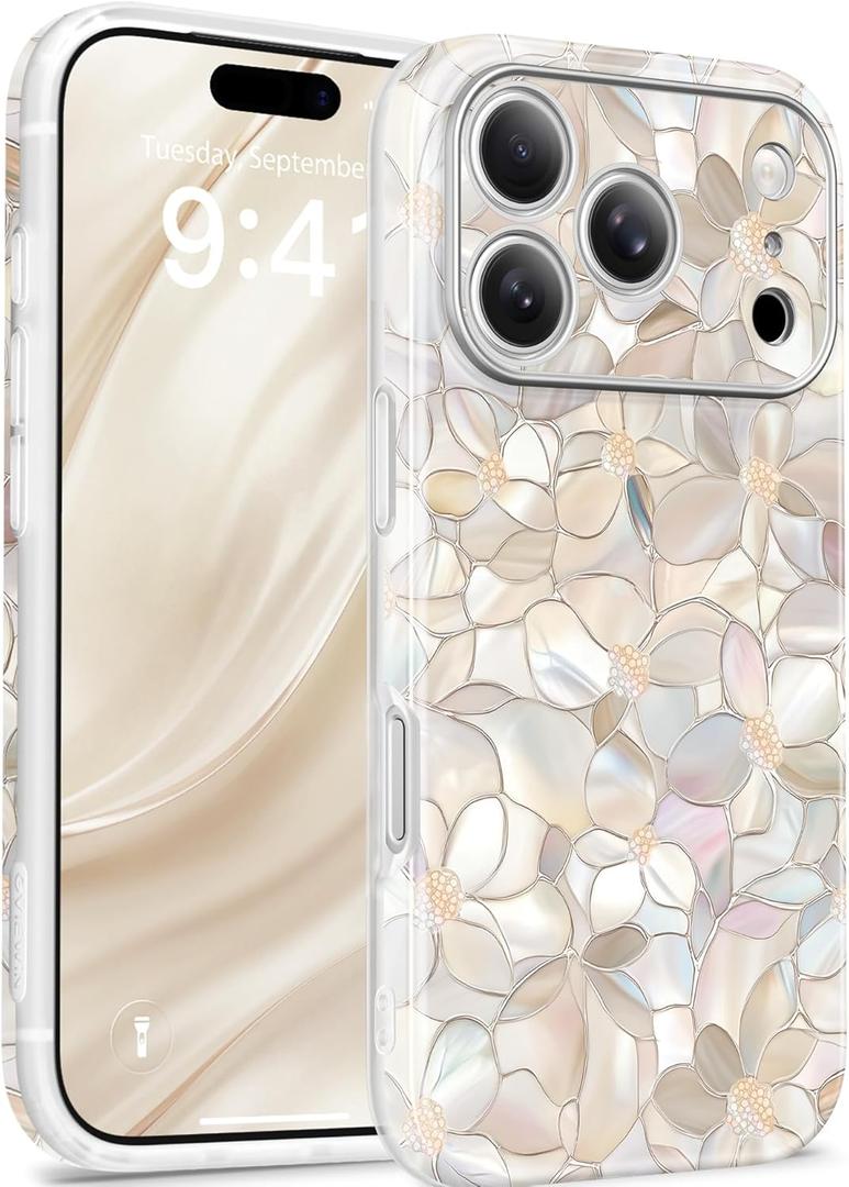 GVIEWIN for iPhone 17 Pro Case for Women, [Compatible with MagSafe] [Upgraded Full Camera Protection], Stylish Floral Shockproof Protective Phone Case for iPhone 17 Pro 6.3", Argentlily/White