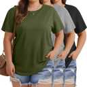 Huukeay 3 Pack Women's Plus Size T Shirts Crew Neck Short Sleeve Tees Cotton Curved Hem Loose Fit Summer Casual Baggy Tops (XX-Large, Black, Light Heather Gray, Army Green)