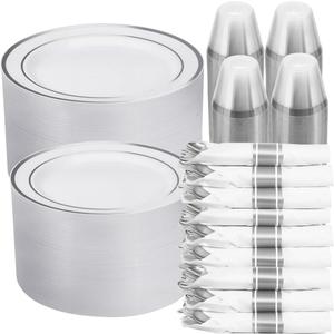 700 PCS White and Silver Plastic Dinnerware Set for 100 Guests, 200 Disposable Plates for Party, 100 Pre Rolled Napkins with Silver Silverware, 100 Cups