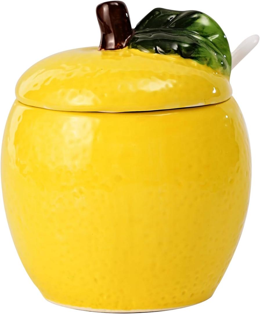 Hand-Painted Ceramic Fruit Shape Sugar Bowl Spice Jar Seasoning Pot with Lid Spoon (Lemon)