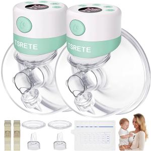 TSRETE Double Wearable Breast Pump, Electric Hands-Free Breast Pumps with 2 Modes, 9 Levels, LCD Display, Memory Function Rechargeable with Massage and Pumping Mode 24mm Flange-Green
