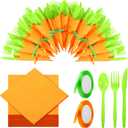 Domensi Hawaiian Luau Napkin Cutlery Set Theme Birthday Party Tableware Include Disposable Spoons Forks Knives Paper Napkins Satin Ribbons(Orange and Green)
