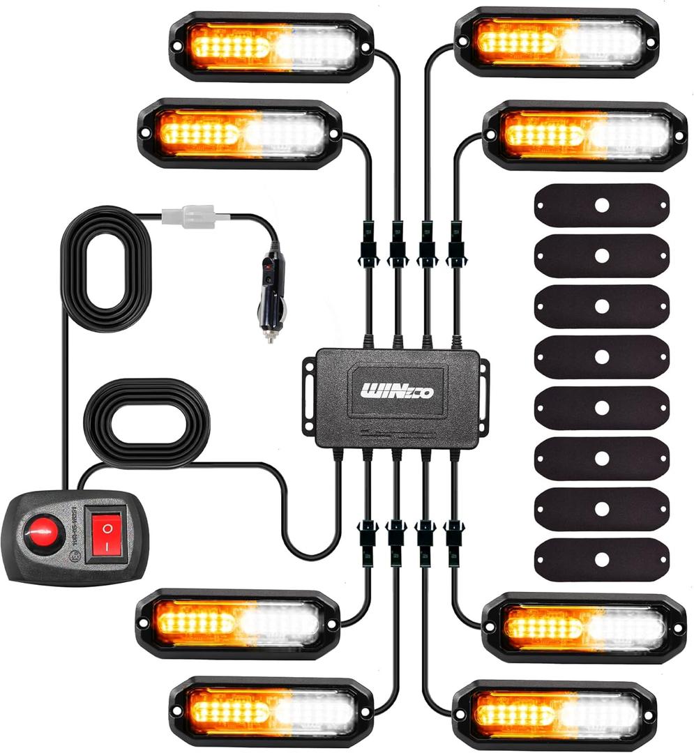 WINECO 8PCS LED Strobe Lights 12V Sync Feature Amber White 12LED Emergency Hazard Warning Lights with Strobe Controller for Trucks Vehicles ATV RV Cars Van