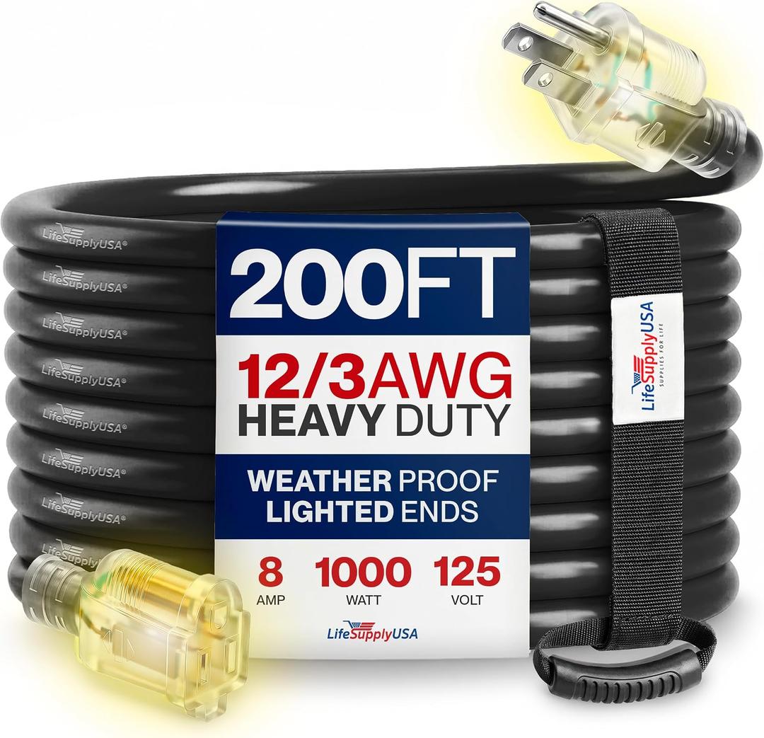 200ft Outdoor/Indoor Extension Cord 12/3 Gauge Extra Heavy Duty 3 Prong SJTW, Waterproof, Flexible Cold-Resistant Long Power Cord,8A 125V 1000W, Black by LifeSupplyUSA