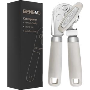 Beneno Heavy Duty Hand Can Opener Manual with Magnet, Durable Sharp Carbon Steel Blade Smooth Cutting, Big Effort-Saving Knob & Soft Grip Handle, Multifunctional Kitchen Tool with Bottle Opener, Beige