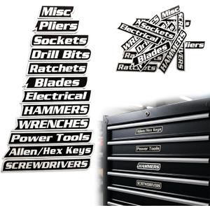 Magnetic Tool Box Labels, 12-Pack Magnetic Toolbox Label, 3D Printed Tool Box Labels Magnet Set for Garage Organization, Reusable Tags for Steel Toolboxes, Carts, Drawers & Cabinets Black