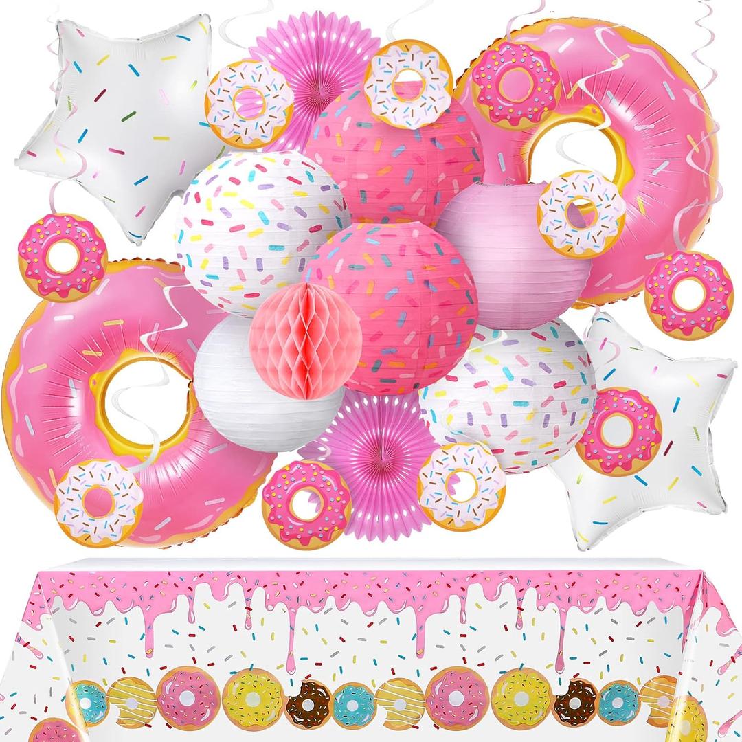 24 Pcs Donut Birthday Party Decorations - Theme Table Cover, 8 Paper Lanterns, Honeycomb Ball, 2 Paper Fans, 10 Hanging Swirls, 4 Balloons Garland for Baby Shower