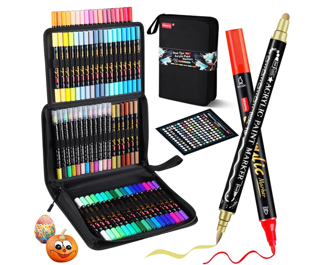 Acrylic Paint Pens Markers, 72 Pc Dual Tips Waterproof Metallic Paint Markers For Rock Painting, Fabric, Metal, Glass, Wood, Canvas, Ceramic, Pumpkins, Eggs, Plastic, Non-Toxic & Odor