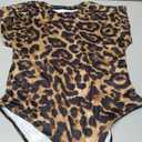Leopard Printed Womens Crew Short Sleeve Bodysuits, Stretchy Leotards Body Suits Tops M