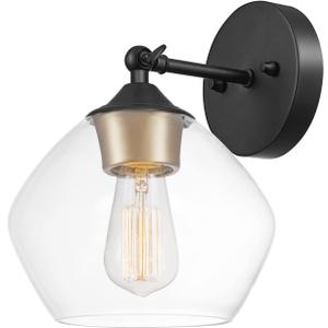 Globe Electric 51367 1-Light Wall Sconce, Matte Black, Gold Accent Socket, Clear Glass Shade, Wall-Lamp Dimmable, Lights for Bedroom, Kitchen Sconces Lighting, Home Decor, Bulb Not Included, 10.6"