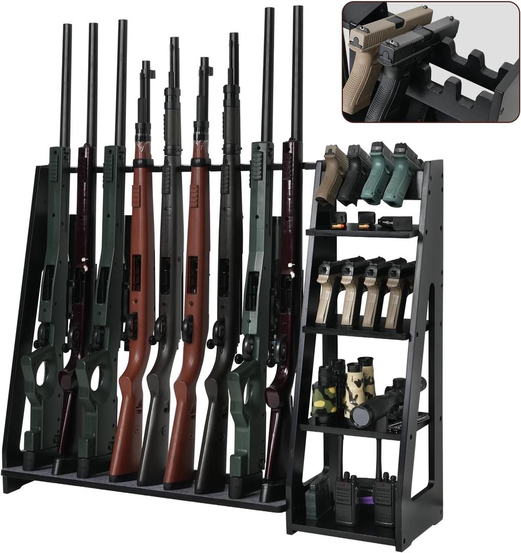 ikkle Gun Rack Floor Rifle Racks with Pistol Rack, Indoor Shotgun Holder for Gun Displaying, Wooden Gun Storage with Soft Pads for 9 Rifles & 8 Handguns