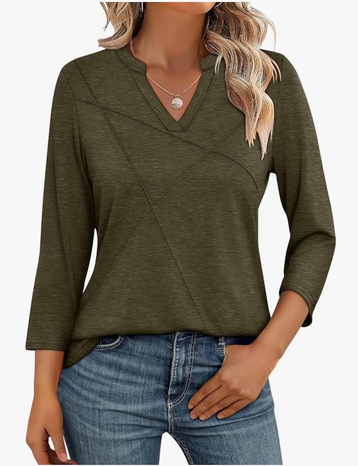 Womens Tops 3/4 Sleeve T Shirts V Neck Summer Tops Dressy Casual Basic Tees Loose Tunics, XL