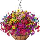 Ouddy Decor Artificial Hanging Flowers with Basket, Fake Hanging Plants with Faux Silk Flowers UV Resistant for Outdoors Indoors Spring Summer Porch Patio Balcony Yard Home Decorations, Multicolor