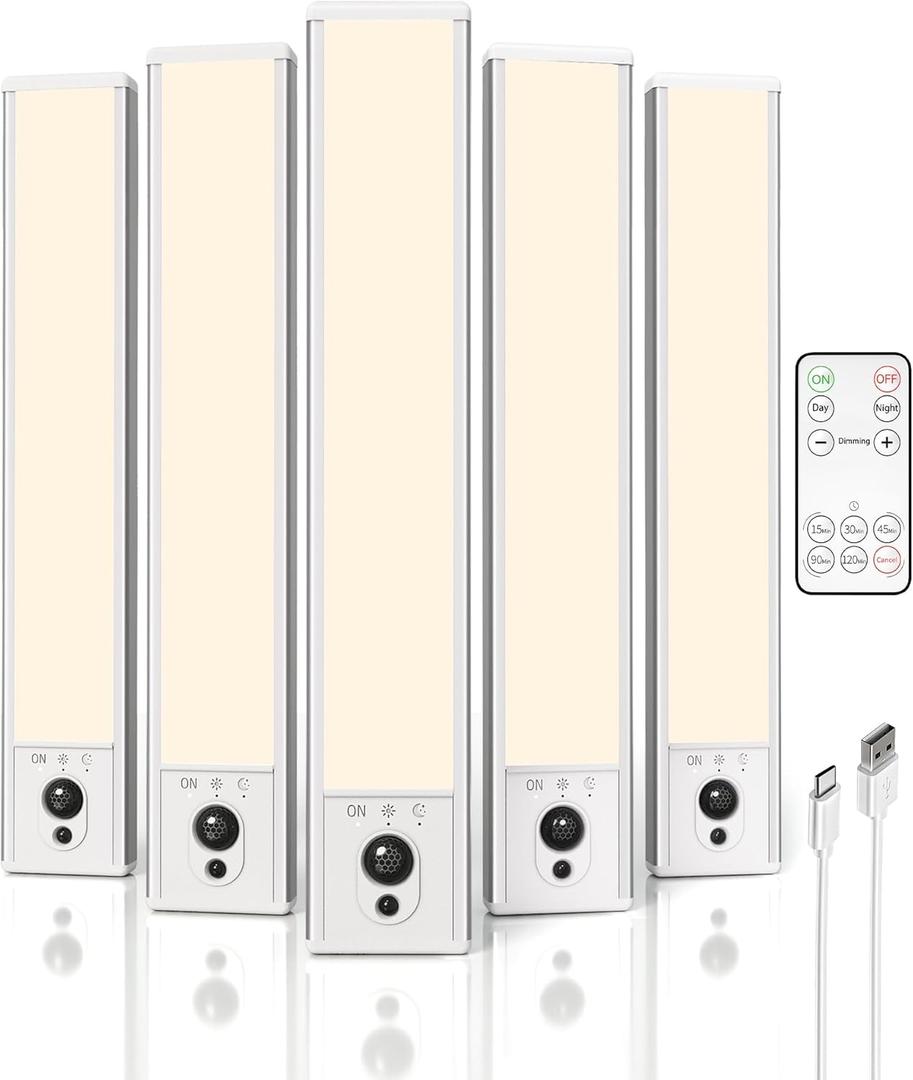 EZVALO 5-Pack Under Cabinet Lighting, 2400mAh Motion Sensor Light, LED Closet Lights Wireless, 3000K Dimmable, Timer, Magnetic, with Remote Control for Kitchen, Closet, Stair (Warm White)