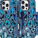 Compatible with iPhone 16 Pro Case with Card Holder Cute Shockproof Drop Protection Phone Wallet Slot Cover Cases for Women - Blue Butterflies Bright Animals