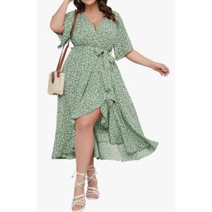 SCOMCHIC Women Plus Size Maxi Dress Short Sleeve Wrap V Neck High Low Split Ruffle Long, 1XL