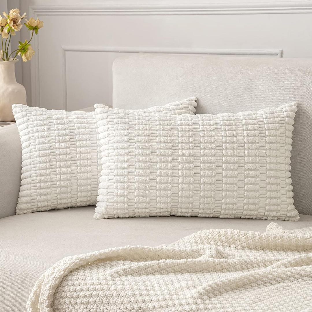 MIULEE Pack of 2 Corduroy Decorative Lumbar Throw Pillow Covers 20x12 Inch Soft Boho Striped Pillow Covers Modern Farmhouse Home Decor for Sofa Living Room Couch Bed Pure White