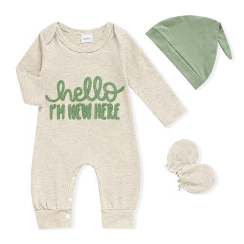 GRNSHTS Newborn Baby Boy Romper Coming Home Outfits Letter Print Bodysuit Jumpsuit+Hat+Gloves 3PCS Clothes Set (Oat, Newborn)
