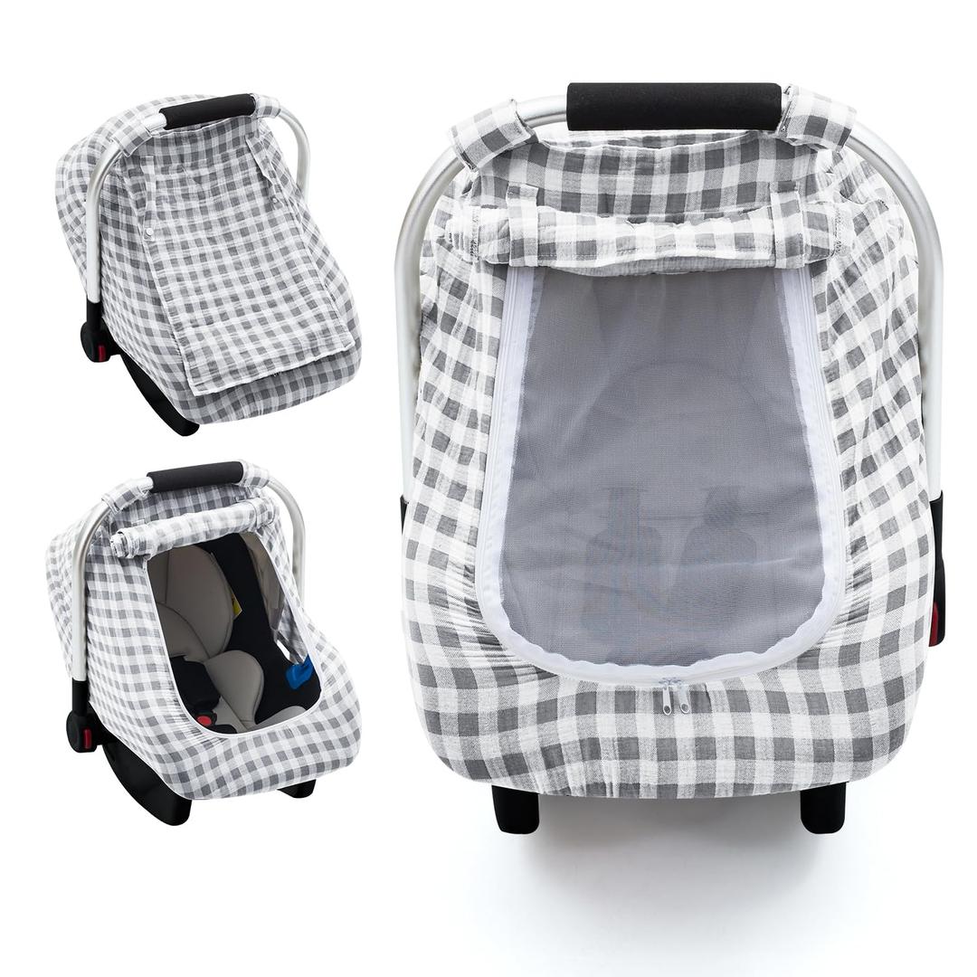 Muslin Car Seat Cover Baby, Carseat Cover with Screen Window, Baby Carrier Cover with Privacy Sun Shade, Infant Carseat Canopy for Summer, Breathable Car Seat Protector for Newborn (Grey)