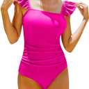 Hilinker Womens Ruffle One Piece Swimsuits Ruched Tummy Control Bathing Suits Floral Swimwear Hot Pink Medium (Pink, M)