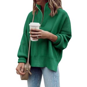 Imily Bela Womens Tunic Sweater Fall Long Sleeve 1/4 Zip Pullover Sweaters Oversized Slouchy Ribbed Knit Sweatshirt with Slit (Large, Dark Green)