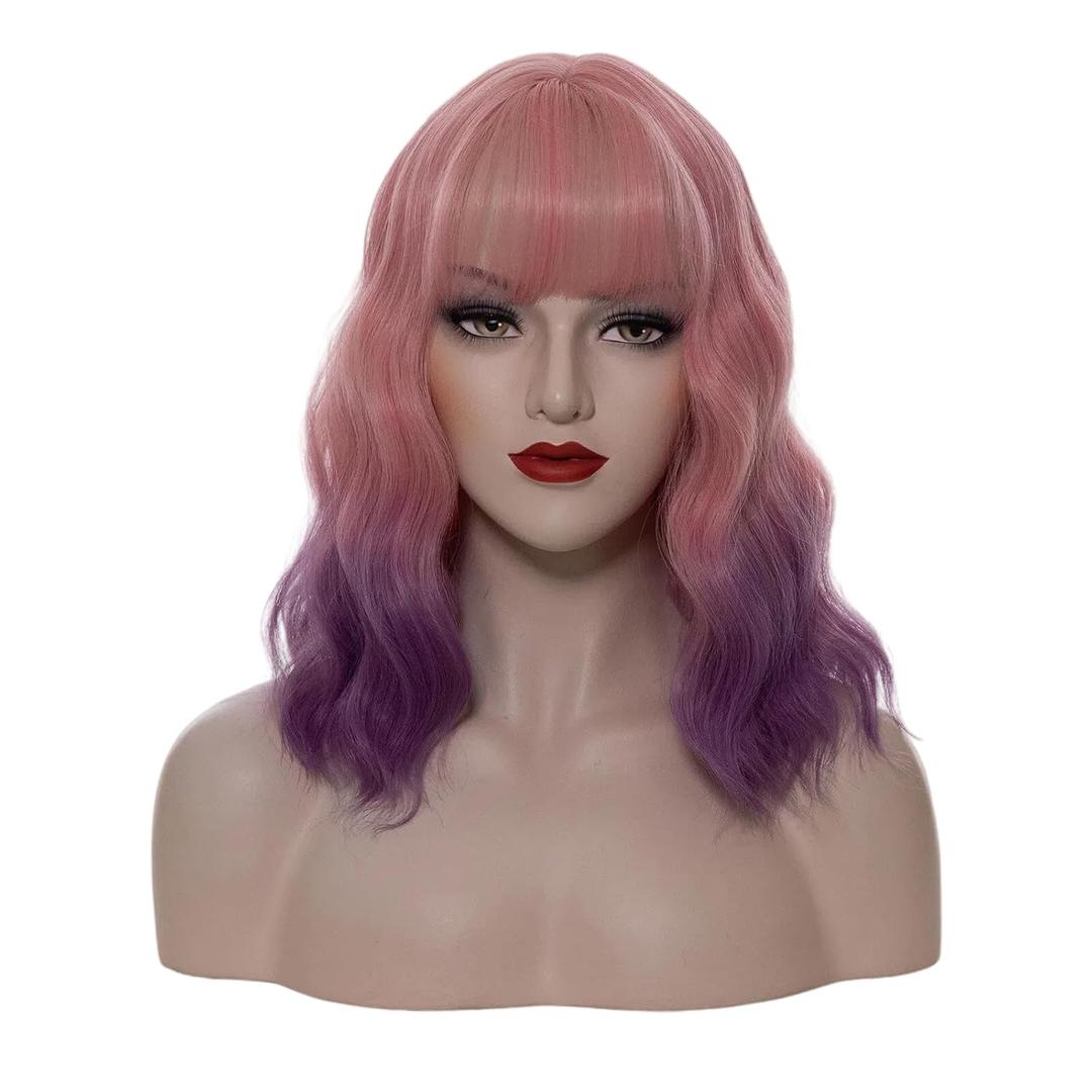 14" Women Short Wavy Curly Wig Ombre Light Pink Purple Bob Cosplay Halloween Synthetic Wigs With Neat Bang With Free Wig Cap (Ombre Light Pink Purple)