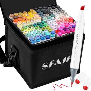 SFAIH Alcohol Markers Fine & Chisel - 121 Colors Dual Tip Coloring Markers for Adult Coloring Sketch Illustration -Leather Storage Box, No-Bleed Sheet, Seamless Blending, Greeting Card - Refillable