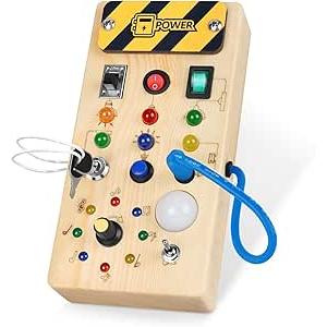 Montessori Toddler Busy Board, Baby Wooden Busy Board with 8 LED Light switches, Sensory Toys Light Switch Toys Travel Toys for 1+ Year Old Baby and Toddler