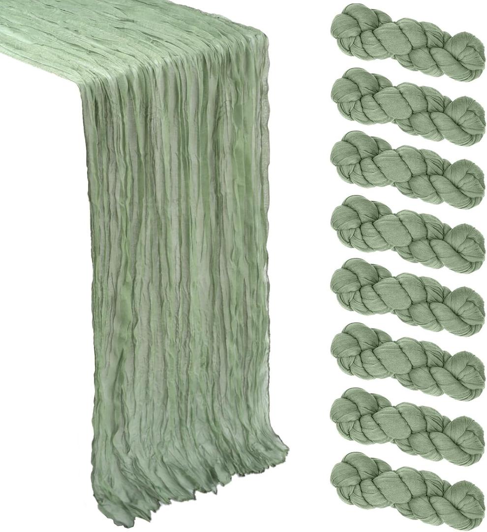 8 Pack Sage Green Cheesecloth Table Runner 10Ft Spring Gauze Cheese Cloth Table Runner 120 Inch Boho Sheer Rustic Fabric for Home Decor Bridal Baby Shower Wedding Decoration