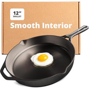 Greater Goods 12" Cast Iron Skillet, Smooth Surface, Nonstick-Like Release