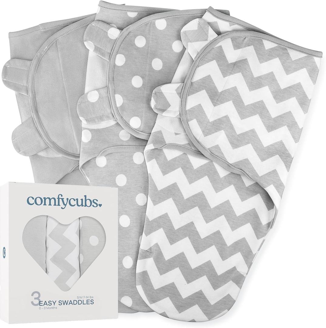 Comfy Cubs Swaddle Blanket Baby Girl Boy Easy Adjustable 3 Pack 
Grey