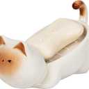 Ceramic Cute Cat Soap Dish, Self-Draining Bar Soap Holder for Shower, Decorative Soap Tray for Bathroom Sink Kitchen Counter, Easy Clean Soap Saver Tray (White)