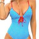 CHYRII Women's Sexy Cutout Scalloped One Piece Swimsuit V Neck Bathing Suit Swimwear, S, Blue