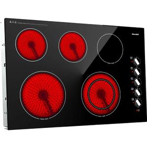 30 Inch Electric Cooktop, 5 Burners Built-in Cooktop, 7300W Knob Control Electric Stove Top with 11 Power Levels, Safety Lock, Dual Ring, Heat Retention Function, Hot Surface Indicator