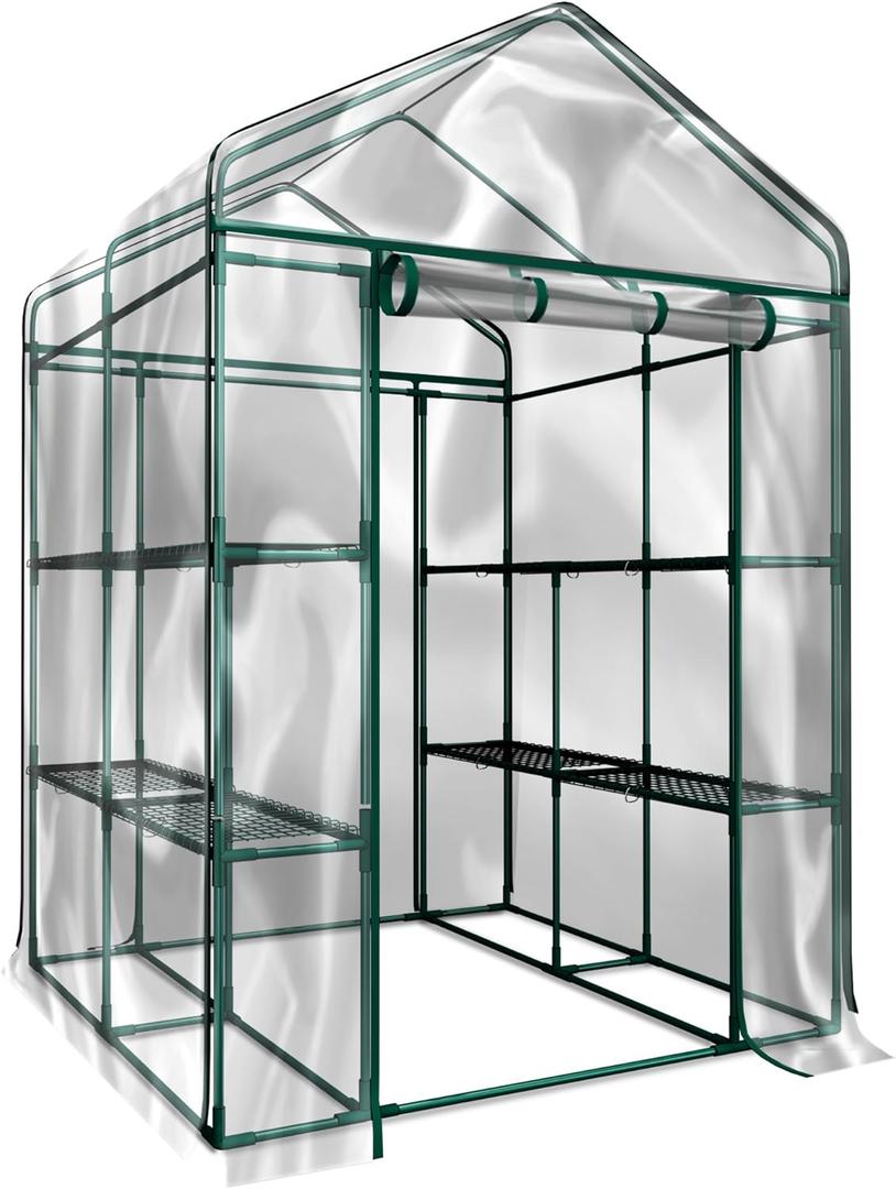 Greenhouse - Walk in Greenhouse with 8 Sturdy Shelves and PVC Cover for Indoor or Outdoor Use - 56" x 56" x 76" Green House by Home-Complete