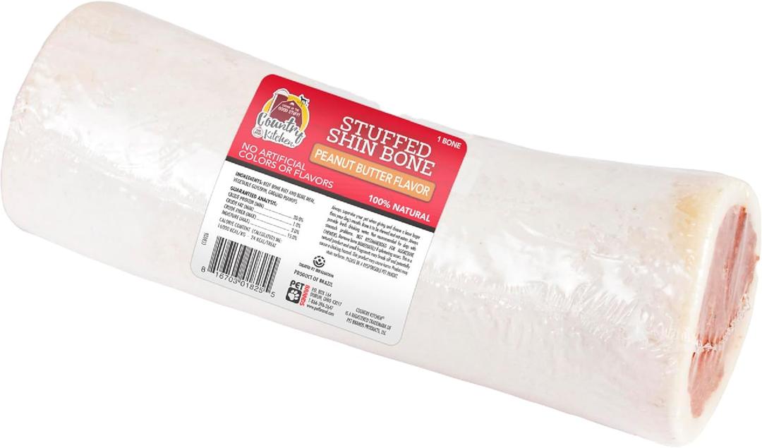 Stuffed Shin Bone Peanut Butter Flavor Dog Treat, 100% Natural, Long Lasting, 1 Large Bone, 5-6 Inches