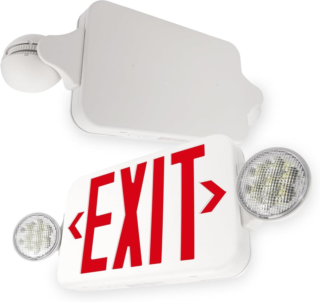 LFI Lights | Combo Red Exit Sign with Emergency Lights | White Housing | All LED | Two Adjustable Round Heads | Hardwired with Battery Backup | UL Listed | (1 Pack) | COMBOJR2-R