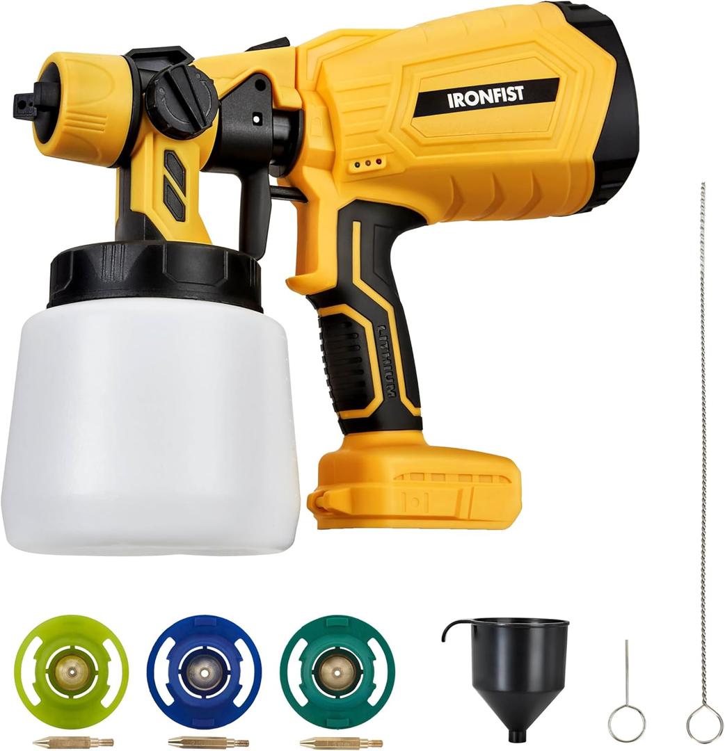IRONFIST Cordless Paint Sprayer, for DEWALT 20V Battery Brushless HVLP Electric Paint Gun with 1000ML Container, 3 Patterns, 4 Size Nozzles (Battery NOT Included) Yellow