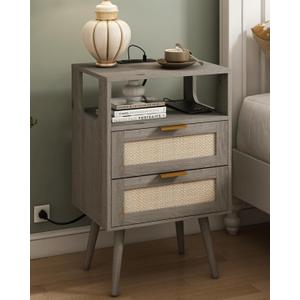 Rattan Nightstand with Charging Station,Modern Bedside Table with 2 Storage Drawer and Open Wood Shelf, for Bedroom and Small Spaces,Night Stand with Solid Wood Legs (Grey Oak)