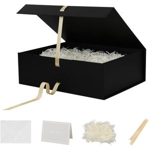 Skivra Large Black Gift Box with Ribbon - 16.5x13x5.3 Inch Extra Large Collapsible Luxury Gift Box for Wedding Dress, Shredded Paper Filler & Card (16.5X13X5.3Inch-Black-Pack of 1)
