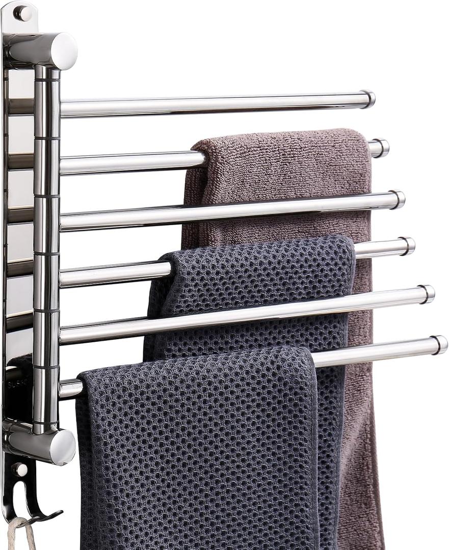 Swivel Towel Rack, 14" Thicken 304 Stainless Steel 6-Arm Adjustable Towel Bar,Wall Mounted Towel Holder with Hook, Space Saving for Kitchen, Bathroom, Outdoor (Silver, 6 Arms)