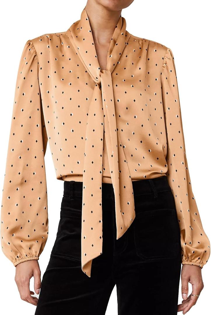 Womens Diamond Shadow Tie V-Neck Popover Top Long Sleeve Shirt Casual Golden Blouse (M)
