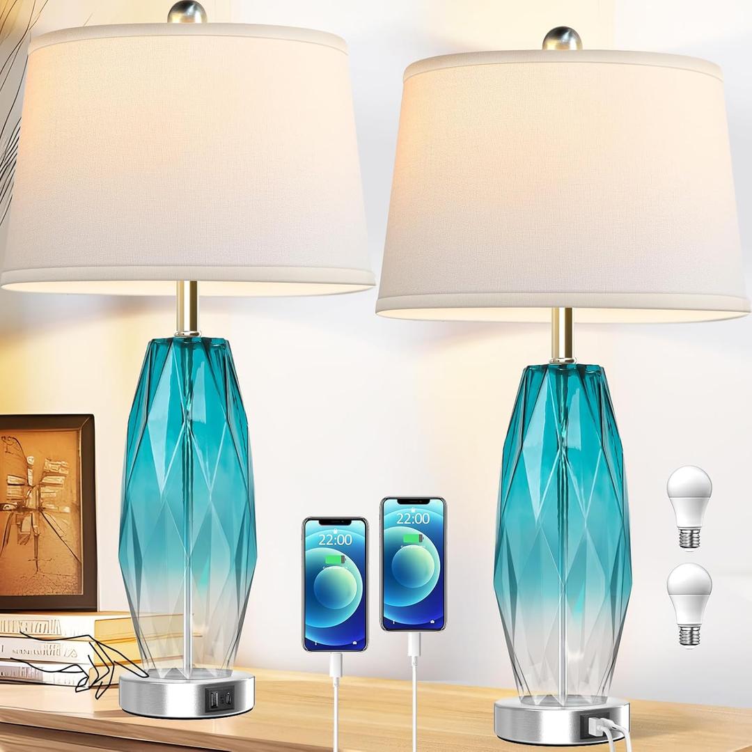 26" Touch Table Lamps Set of 2 for Bedrooms, 3 Way Dimmable Living Room End Table Lamps with Teal Blue Diamond Texture, Modern Glass Bedside Nightstand Lamps with USB C A Port, Bulbs Included