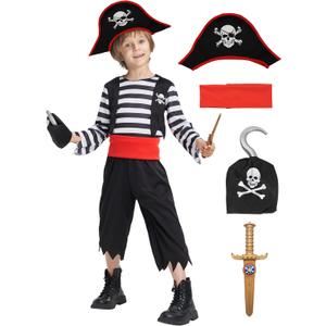 IKALI Pirate Costume for Kids Boys,Toddler Pirate Role Play Dress Up with Bandana, Cutlass, Hat 3-10 Years (Black)