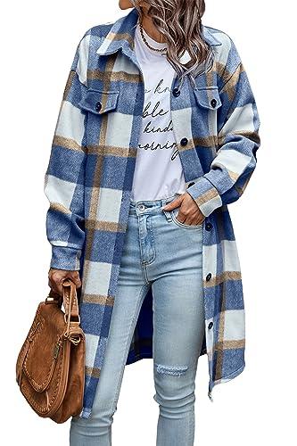 PRETTYGARDEN Womens Plaid Shacket Jacket Fall Fashion 2026 Long Sleeve Button Up Flannel Shirt Winter Clothing Woolen Coats (Plaid Blue White,X-Large)
