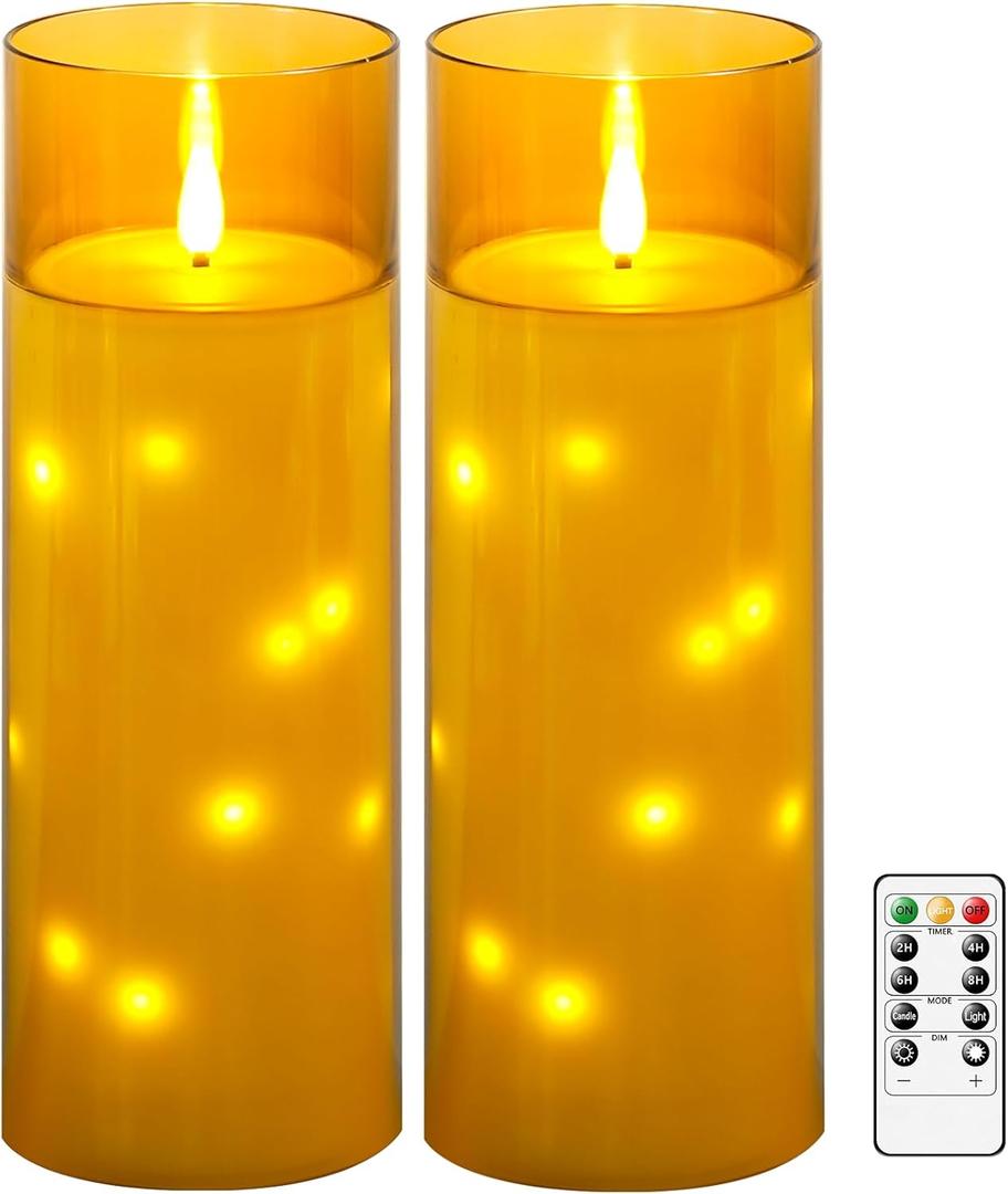 11" x 4" Large Outdoor Waterproof Flameless LED Candles with Remote and Timer,Acrylic Pillar Candles Battery Operated with Embedded Star String for Porch,Patio,Outdoor Decor,Set of 2(Gold)