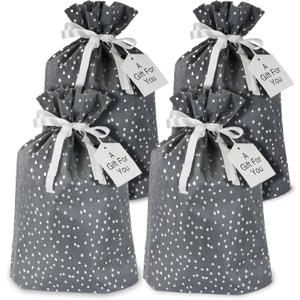 Premo Pack: Dazzling Fabric Gift Bags - Luxury Gray & Silver Sparkle- w/White Ribbon Drawstring and Gift Tags (Set of 4) 13" x 18"
