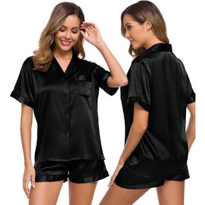 SWOMOG Womens Silk Satin Pajamas Set Short Sleeve Sleepwear Button Down Top and Shorts Loungewear 2 Piece Pjs Set XS-3XL (Medium, Obsidian)