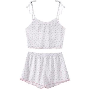 Hilinker Women's Floral Pajama Set Summer Cute Tie Shoulder Cami Crop Tops and Shorts 2 Piece Lounge Sets White Pink Floral Medium