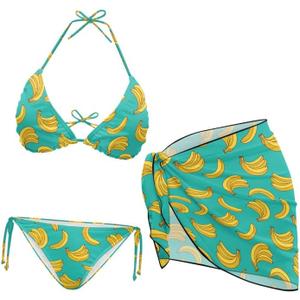 Irisjudy Women's 3 Piece Boho Floral Bathing Suit with Beach Wrap Skirt Sarong Chiffon Swimsuit Tie Side Bikini Set Cover Up (Medium, Yellow Banana)